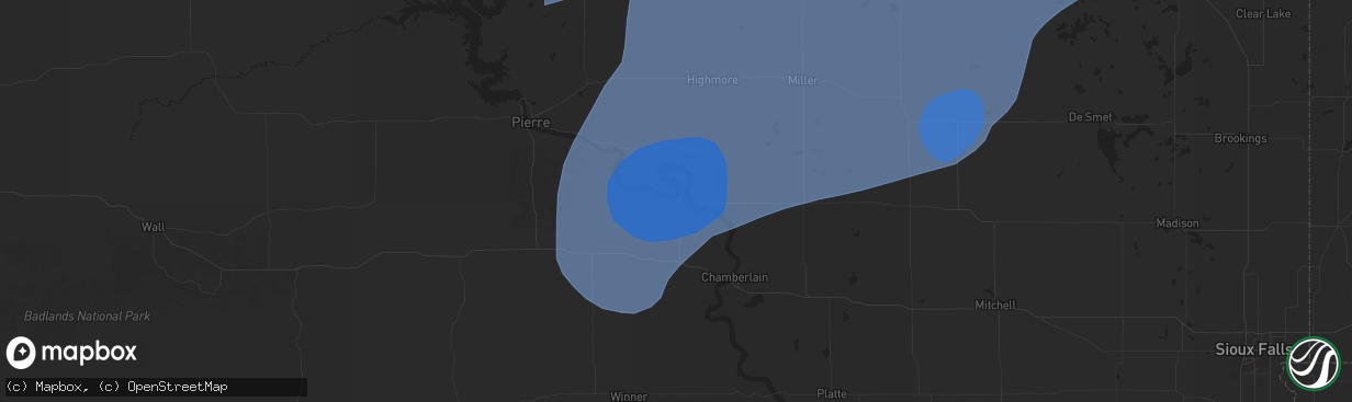 Hail map in Lower Brule, SD on July 23, 2025