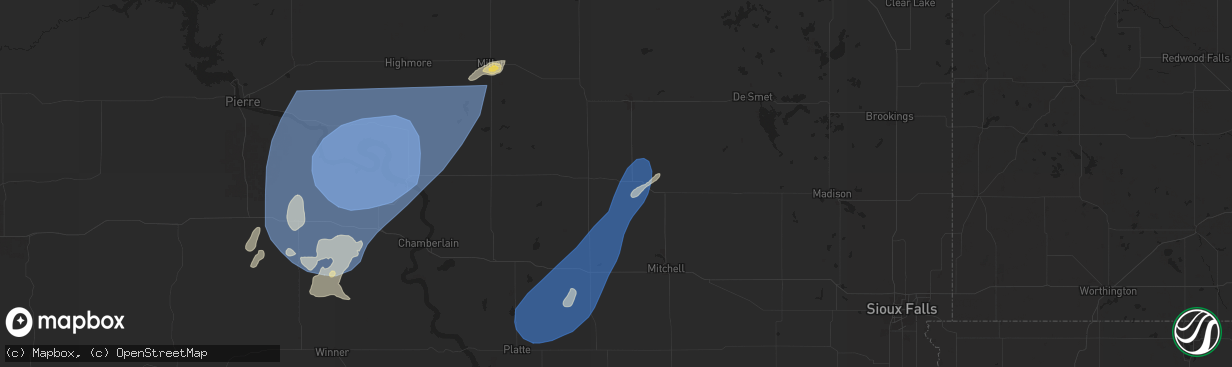 Hail map in Woonsocket, SD on July 23, 2025