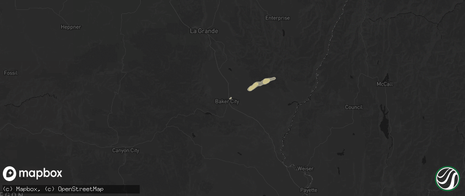 Hail map in Baker City, OR on July 23, 2026