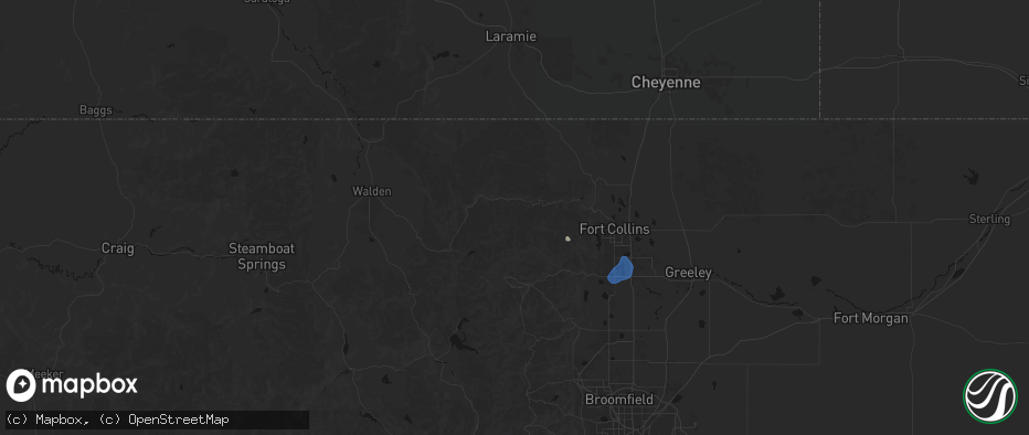 Hail map in Bellvue, CO on July 23, 2026