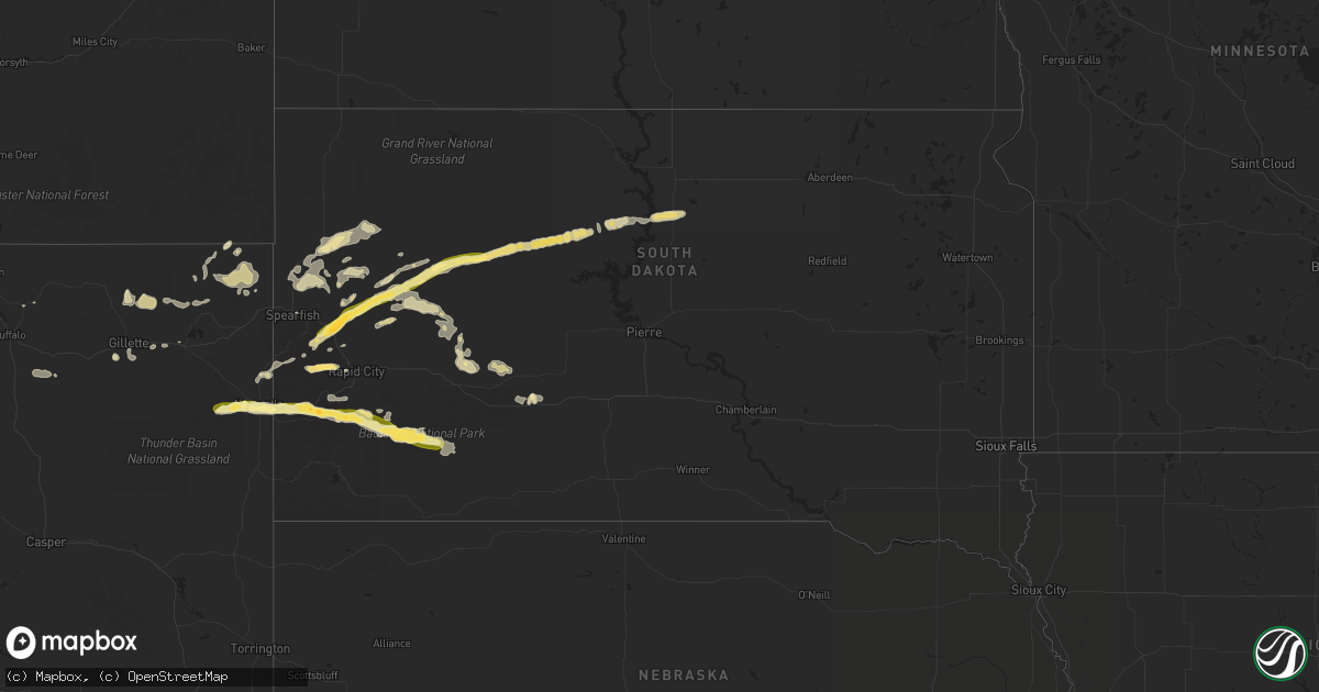 Hail map in South Dakota on July 24, 2015