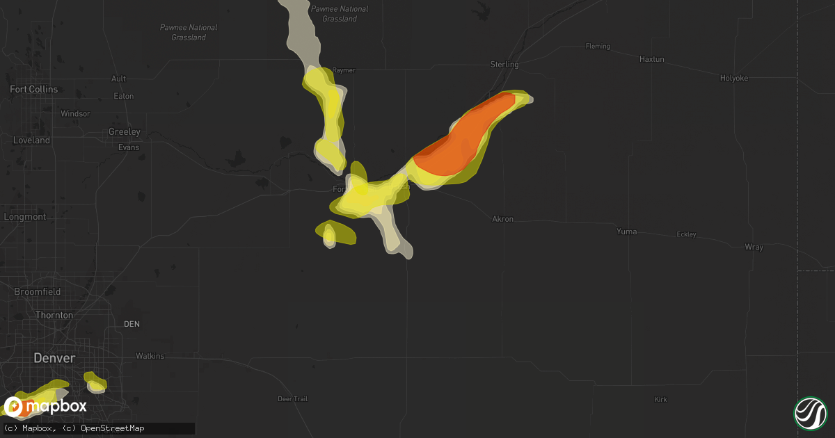 Hail map in Brush, CO on July 24, 2018