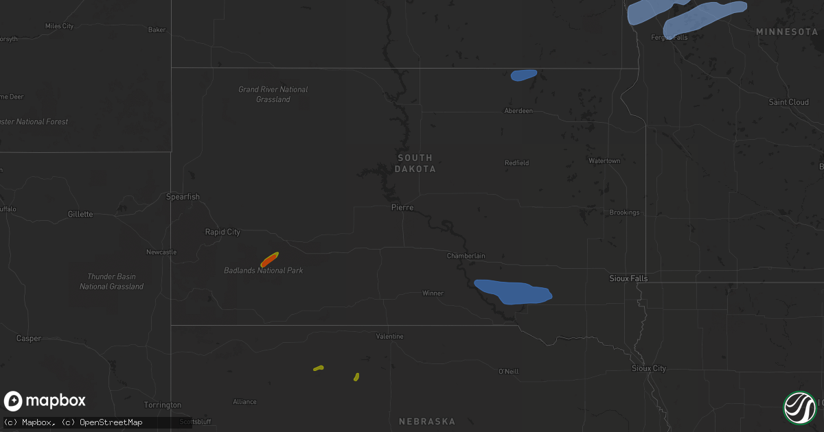 Hail map in South Dakota on July 24, 2020