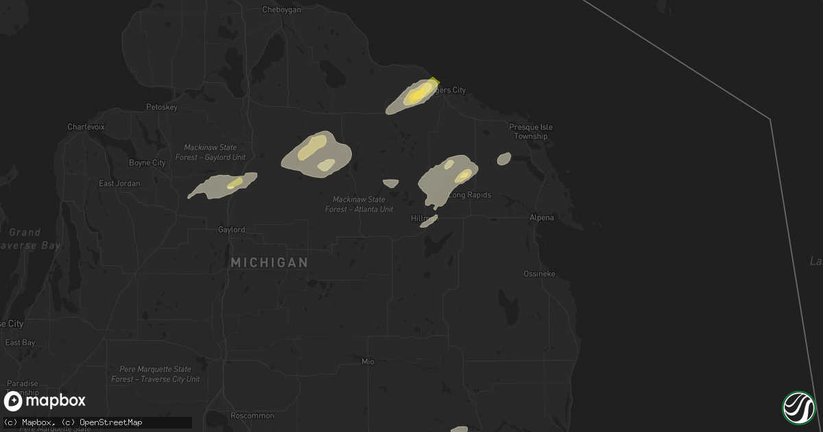 Hail map in Hillman, MI on July 24, 2025