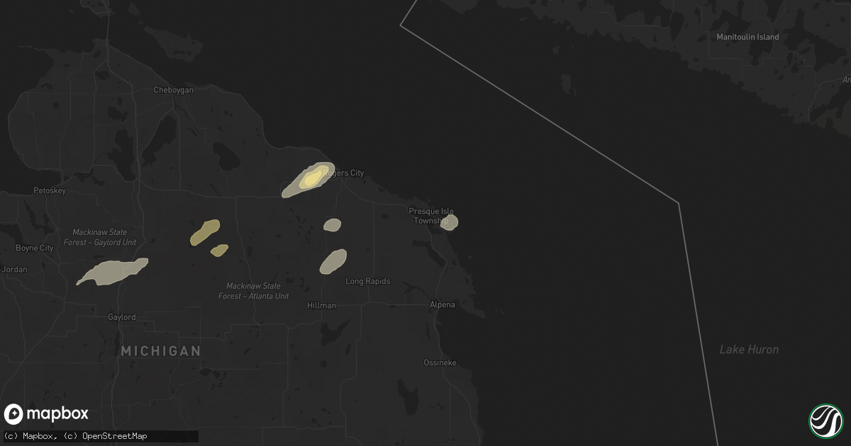 Hail map in Presque Isle, MI on July 24, 2025