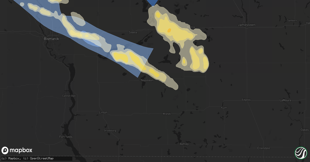 Hail map in Napoleon, ND on July 24, 2026