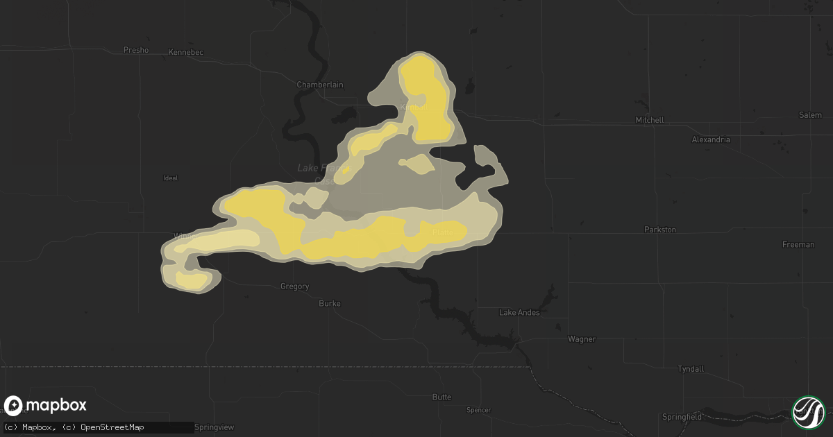 Hail map in Platte, SD on July 25, 2015
