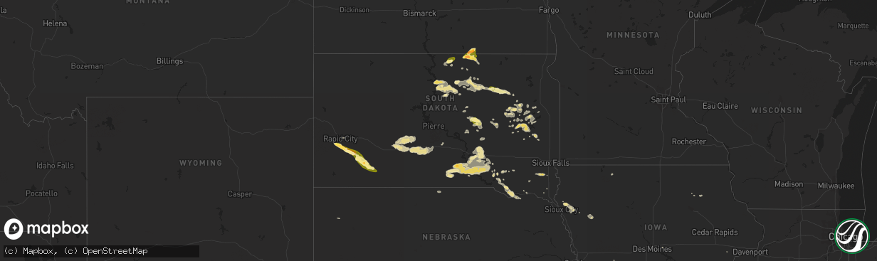 Hail map in South Dakota on July 25, 2015