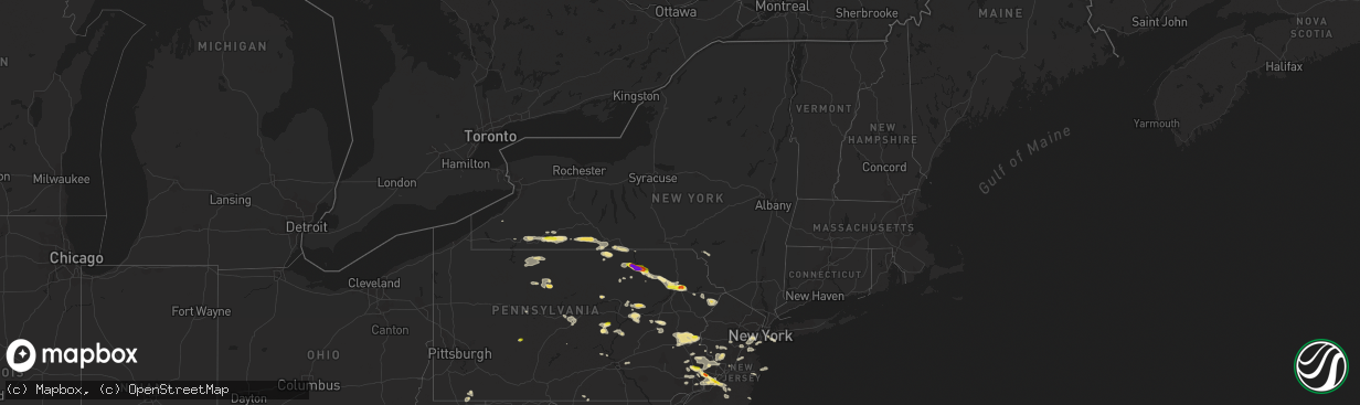 Hail map in New York on July 25, 2016