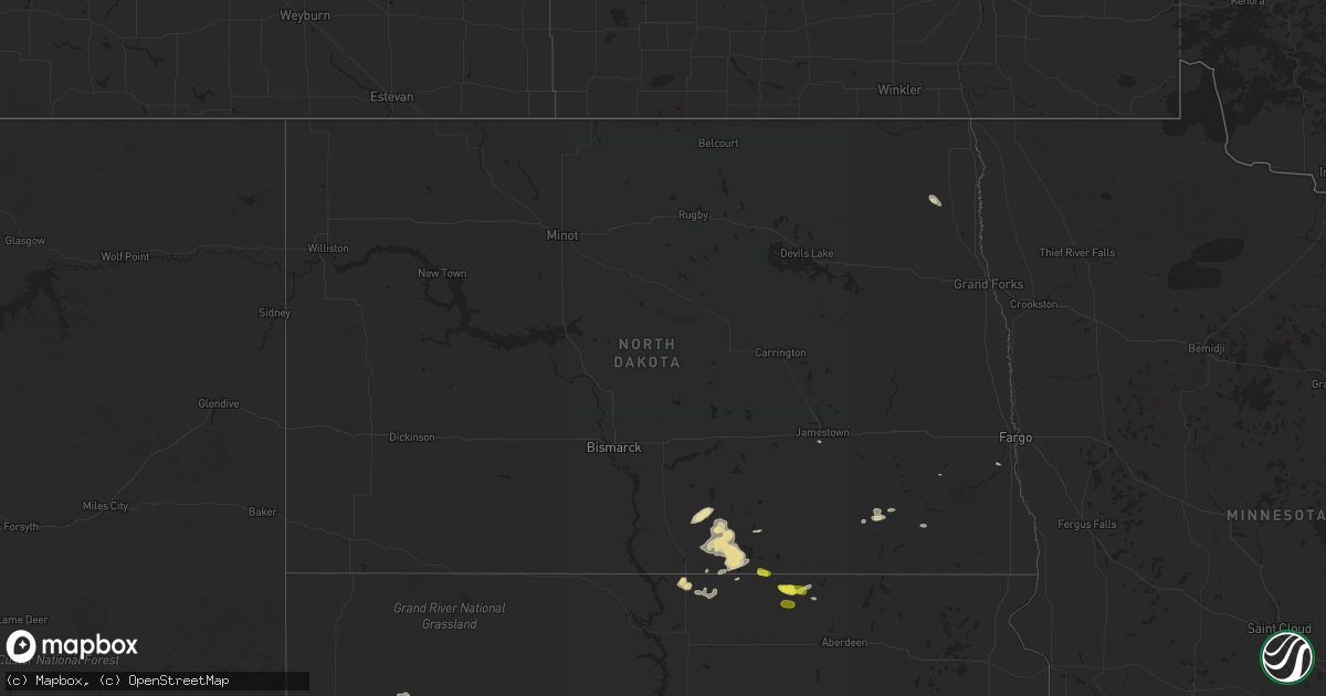 Hail map in North Dakota on July 25, 2016