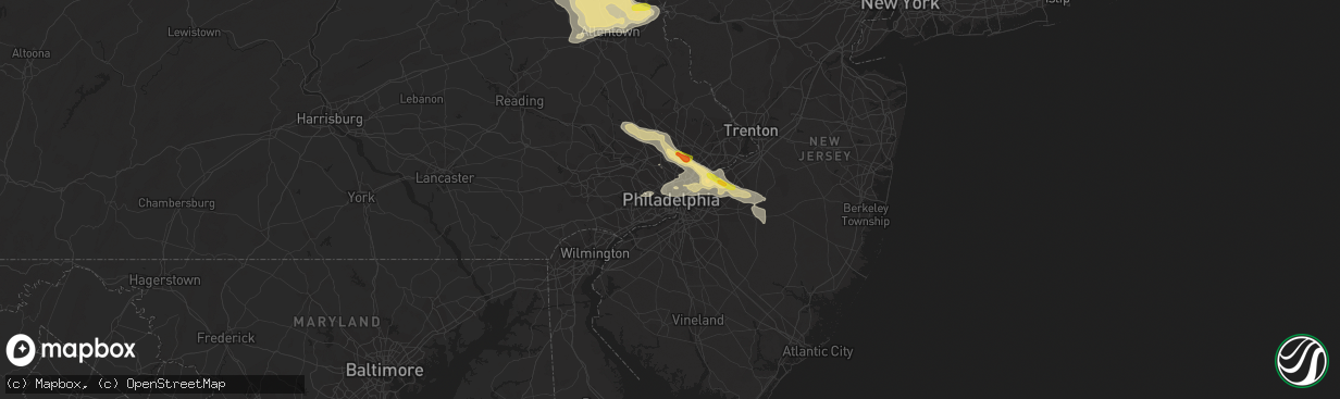 Hail map in Philadelphia, PA on July 25, 2016
