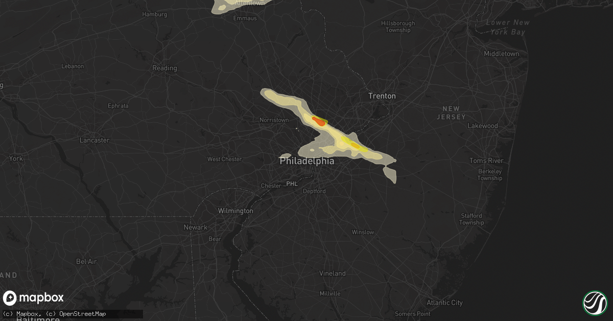 Hail map in Philadelphia, PA on July 25, 2016