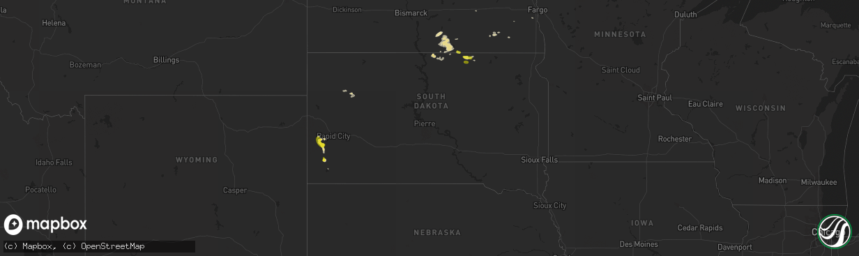 Hail map in South Dakota on July 25, 2016