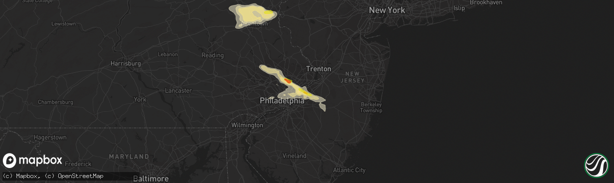 Hail map in Willingboro, NJ on July 25, 2016