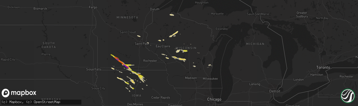 Hail map in Wisconsin on July 25, 2018