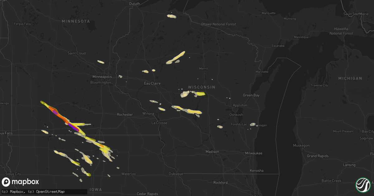 Hail map in Wisconsin on July 25, 2018