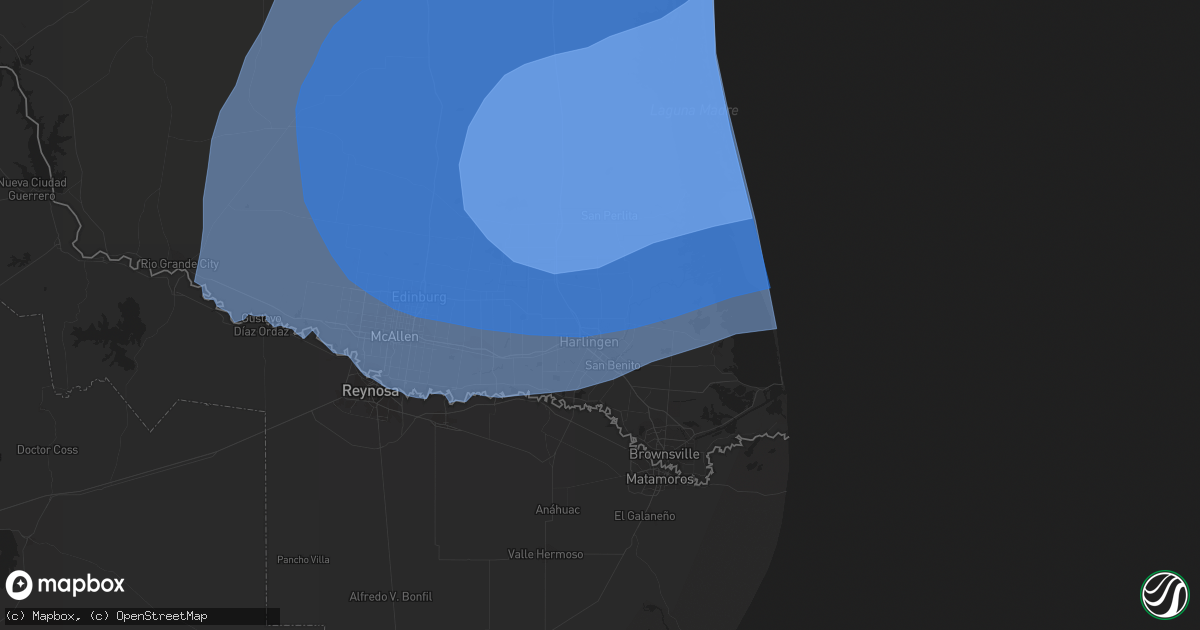 Hail map in Harlingen, TX on July 25, 2020