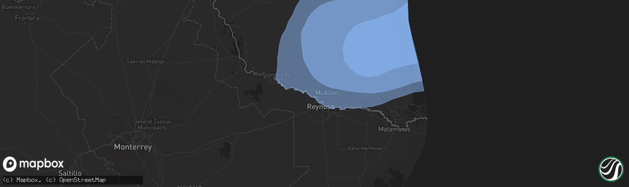 Hail map in Mission, TX on July 25, 2020