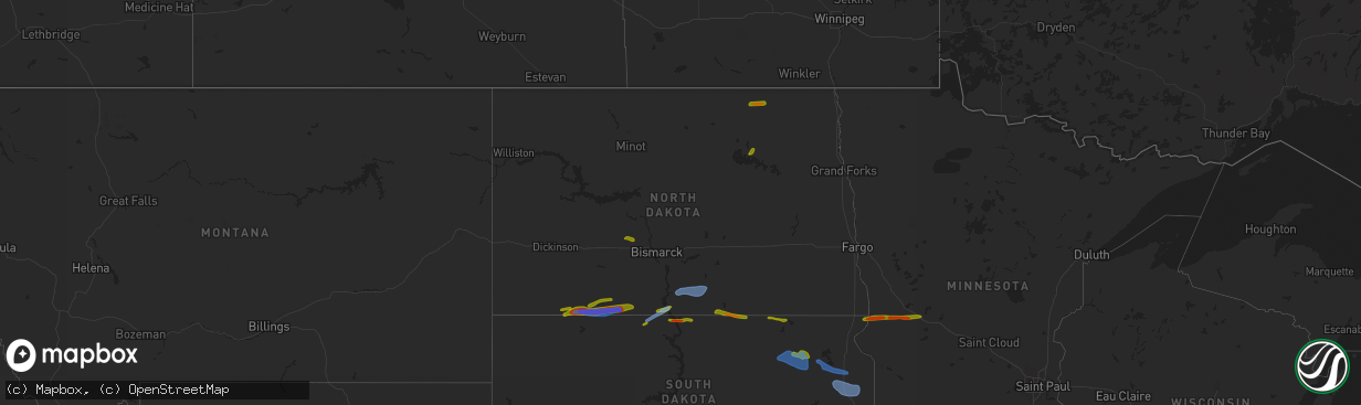 Hail map in North Dakota on July 25, 2020