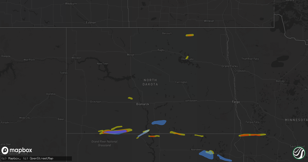 Hail map in North Dakota on July 25, 2020