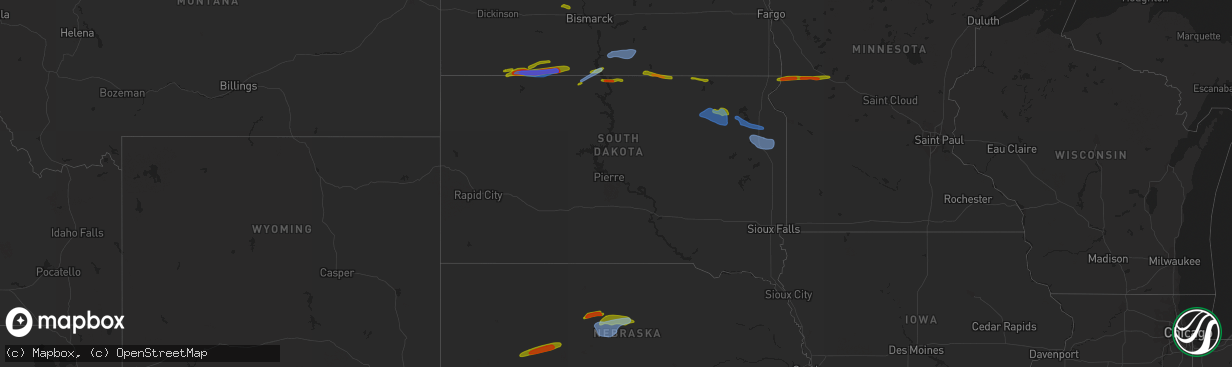 Hail map in South Dakota on July 25, 2020