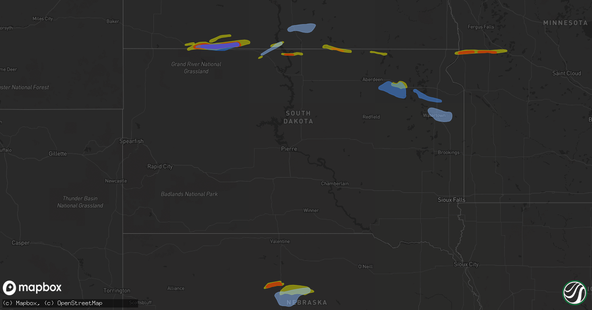 Hail map in South Dakota on July 25, 2020