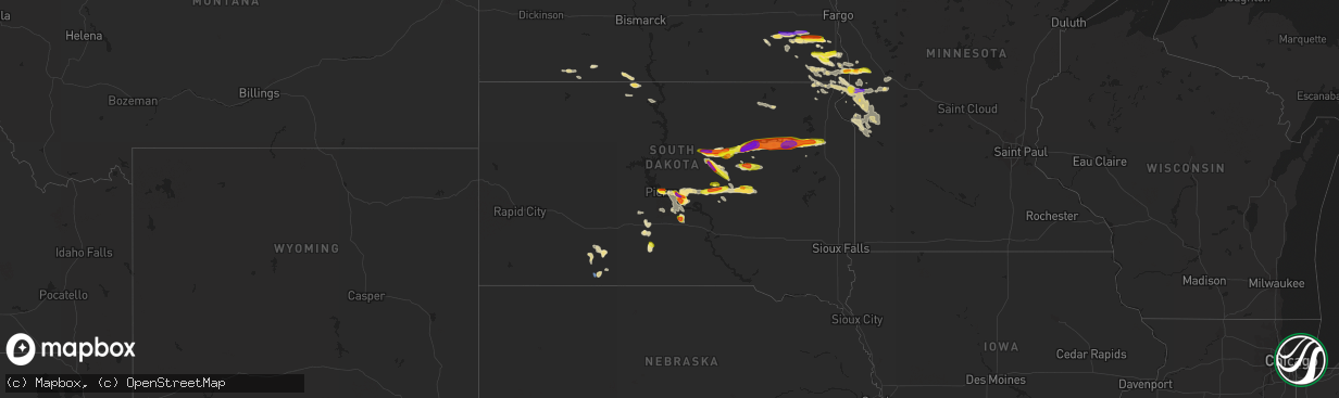 Hail map in South Dakota on July 25, 2021