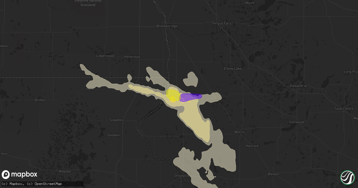 Hail map in Wheaton, MN on July 25, 2021