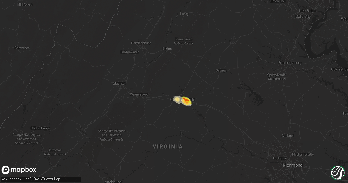 Hail map in Charlottesville, VA on July 25, 2022