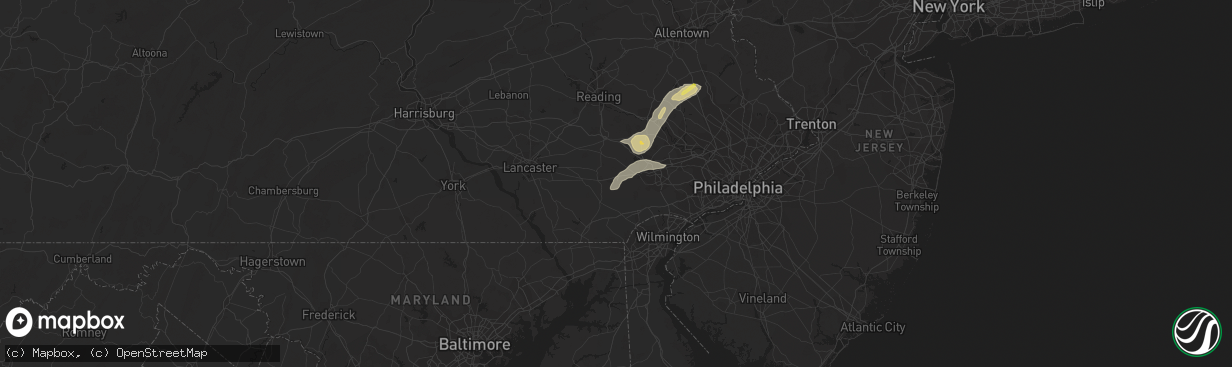 Hail map in Coatesville, PA on July 25, 2023