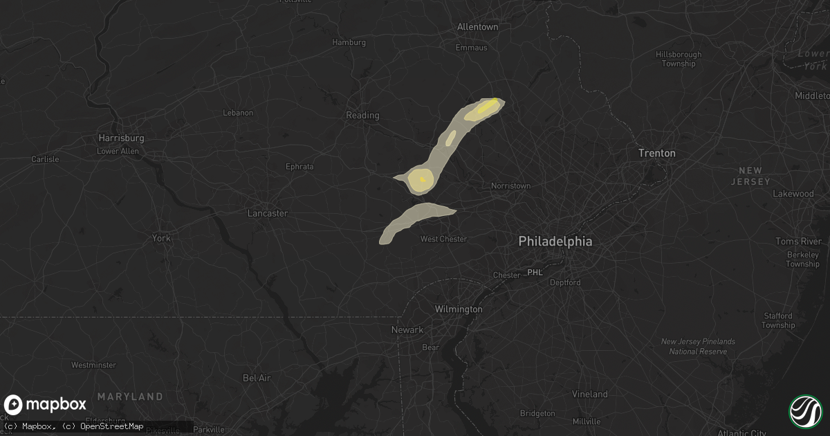 Hail map in Downingtown, PA on July 25, 2023