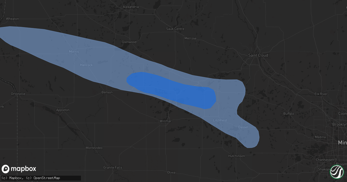 Hail map in New London, MN on July 25, 2023