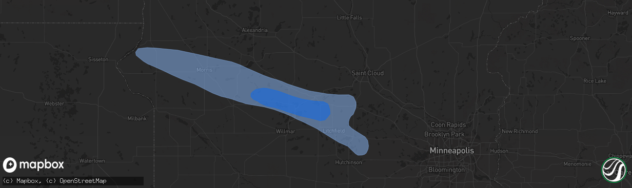 Hail map in Paynesville, MN on July 25, 2023