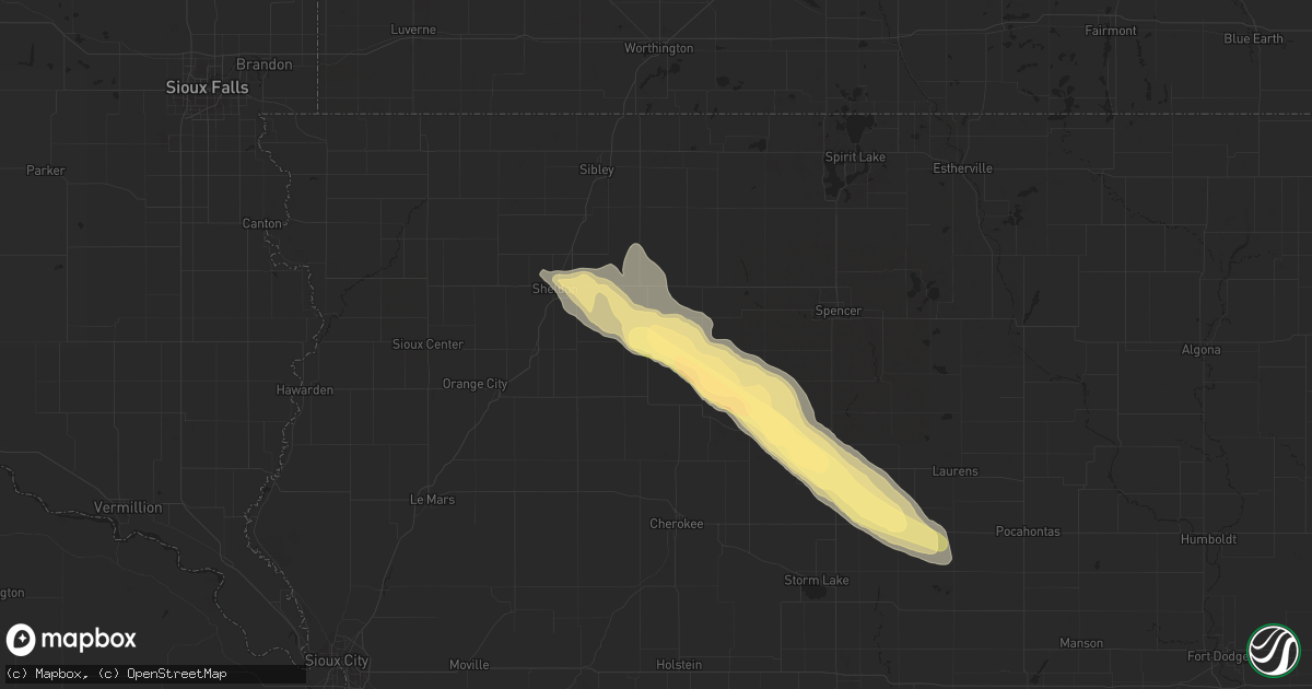 Hail map in Primghar, IA on July 25, 2023