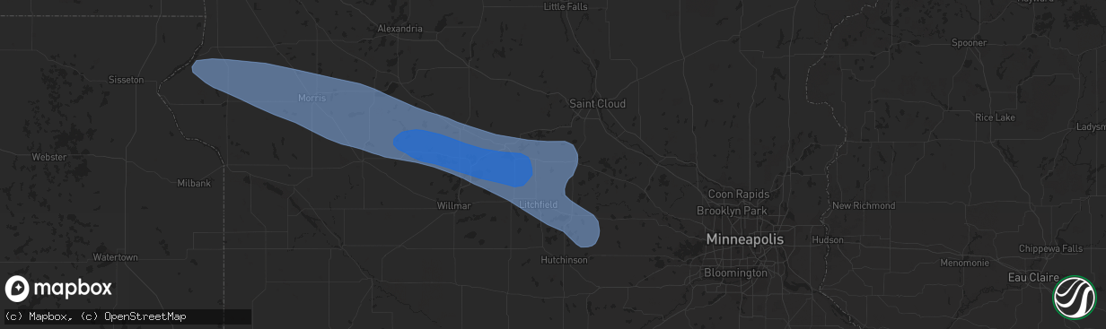 Hail map in Watkins, MN on July 25, 2023