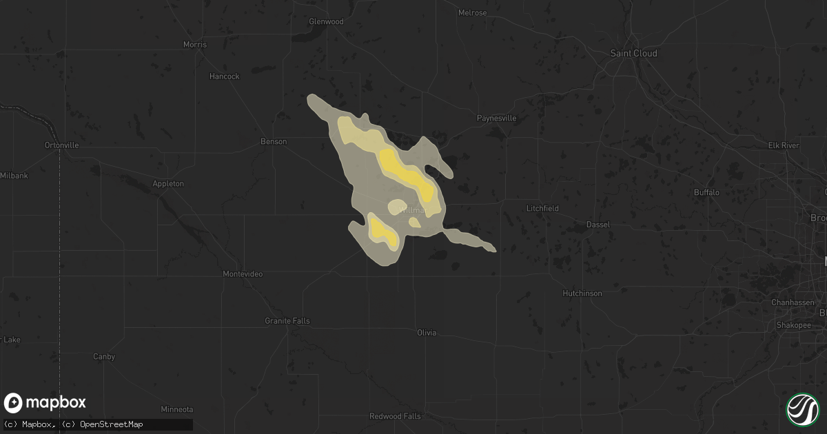 Hail map in Willmar, MN on July 25, 2023