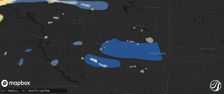 Hail map in Alexandria, SD on July 25, 2026
