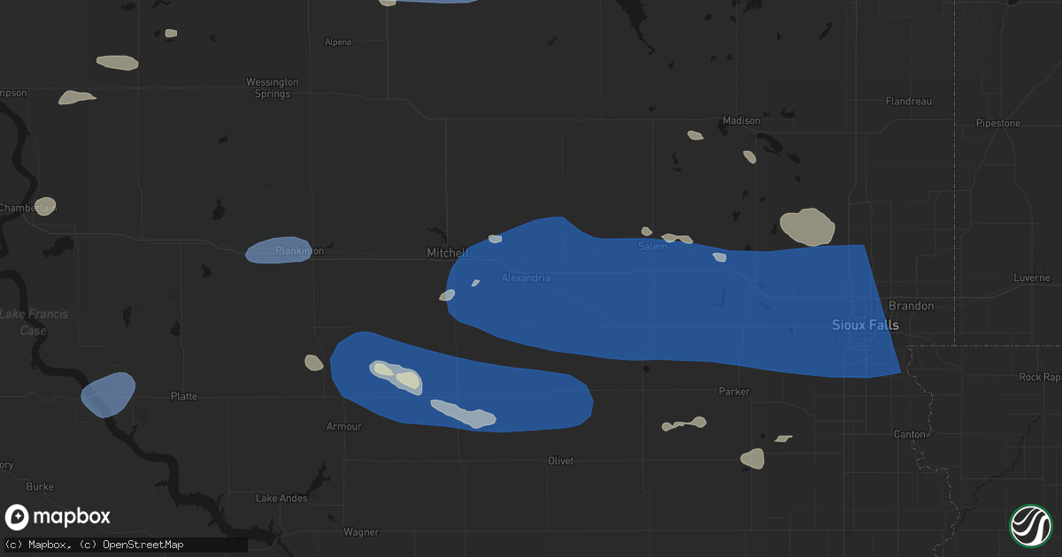 Hail map in Alexandria, SD on July 25, 2026