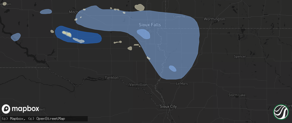 Hail map in Beresford, SD on July 25, 2026