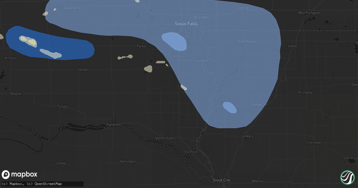Hail map in Beresford, SD on July 25, 2026