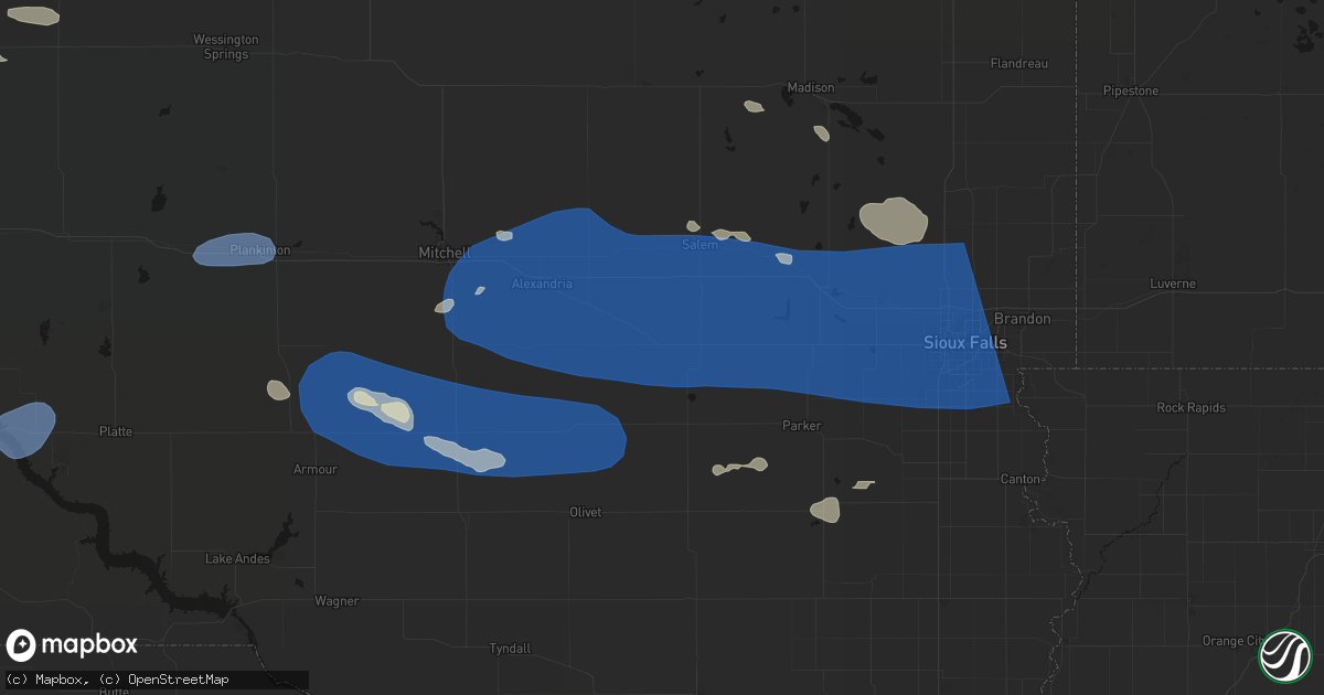 Hail map in Bridgewater, SD on July 25, 2026