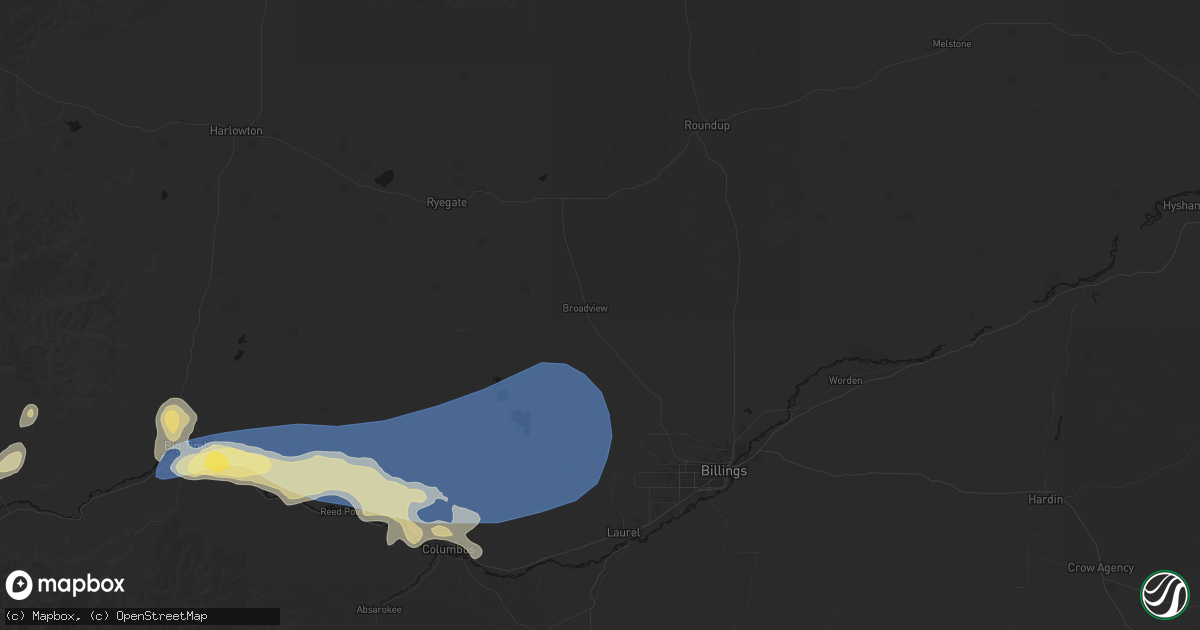 Hail map in Broadview, MT on July 25, 2026