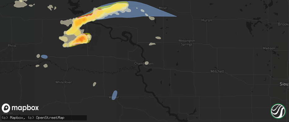 Hail map in Chamberlain, SD on July 25, 2026