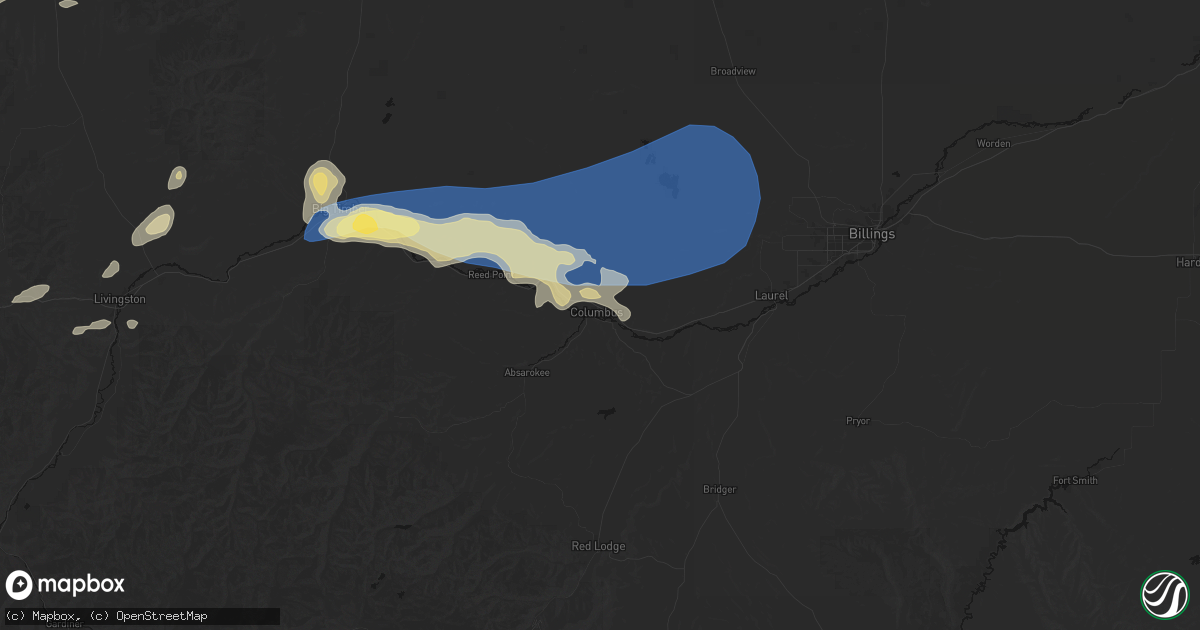 Hail map in Columbus, MT on July 25, 2026