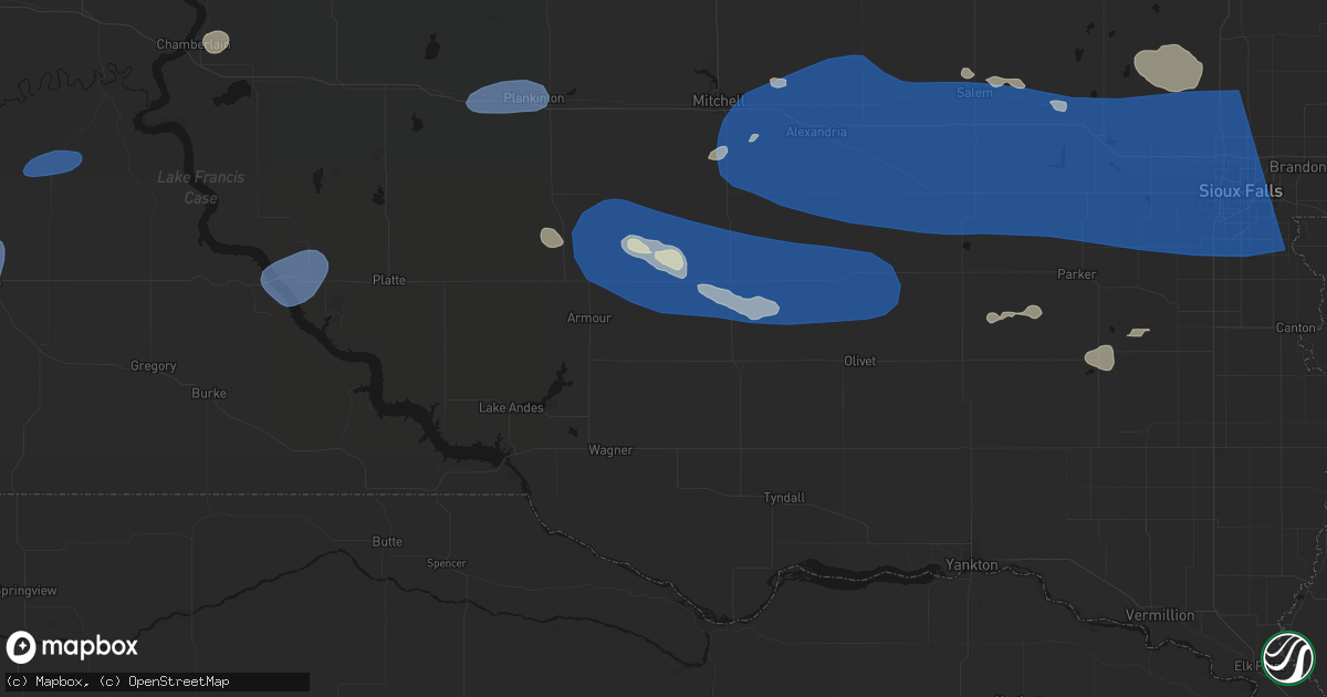 Hail map in Delmont, SD on July 25, 2026