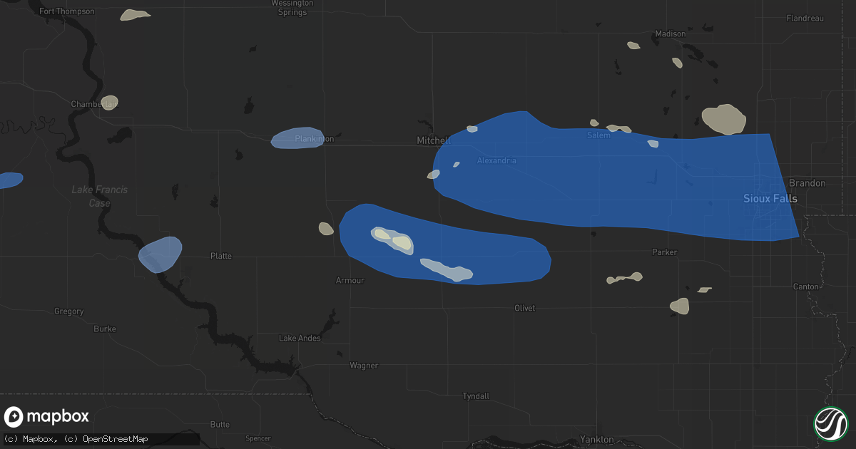 Hail map in Dimock, SD on July 25, 2026