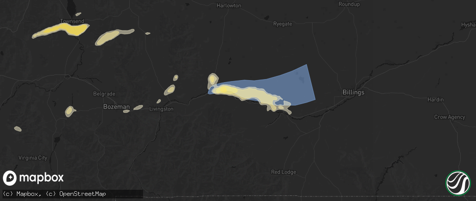 Hail map in Greycliff, MT on July 25, 2026