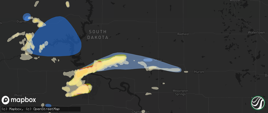 Hail map in Highmore, SD on July 25, 2026