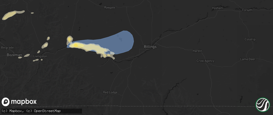 Hail map in Laurel, MT on July 25, 2026