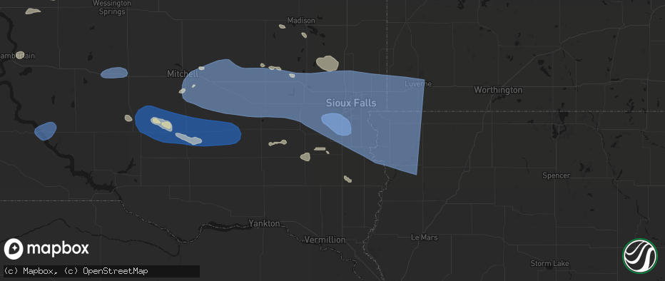 Hail map in Lennox, SD on July 25, 2026
